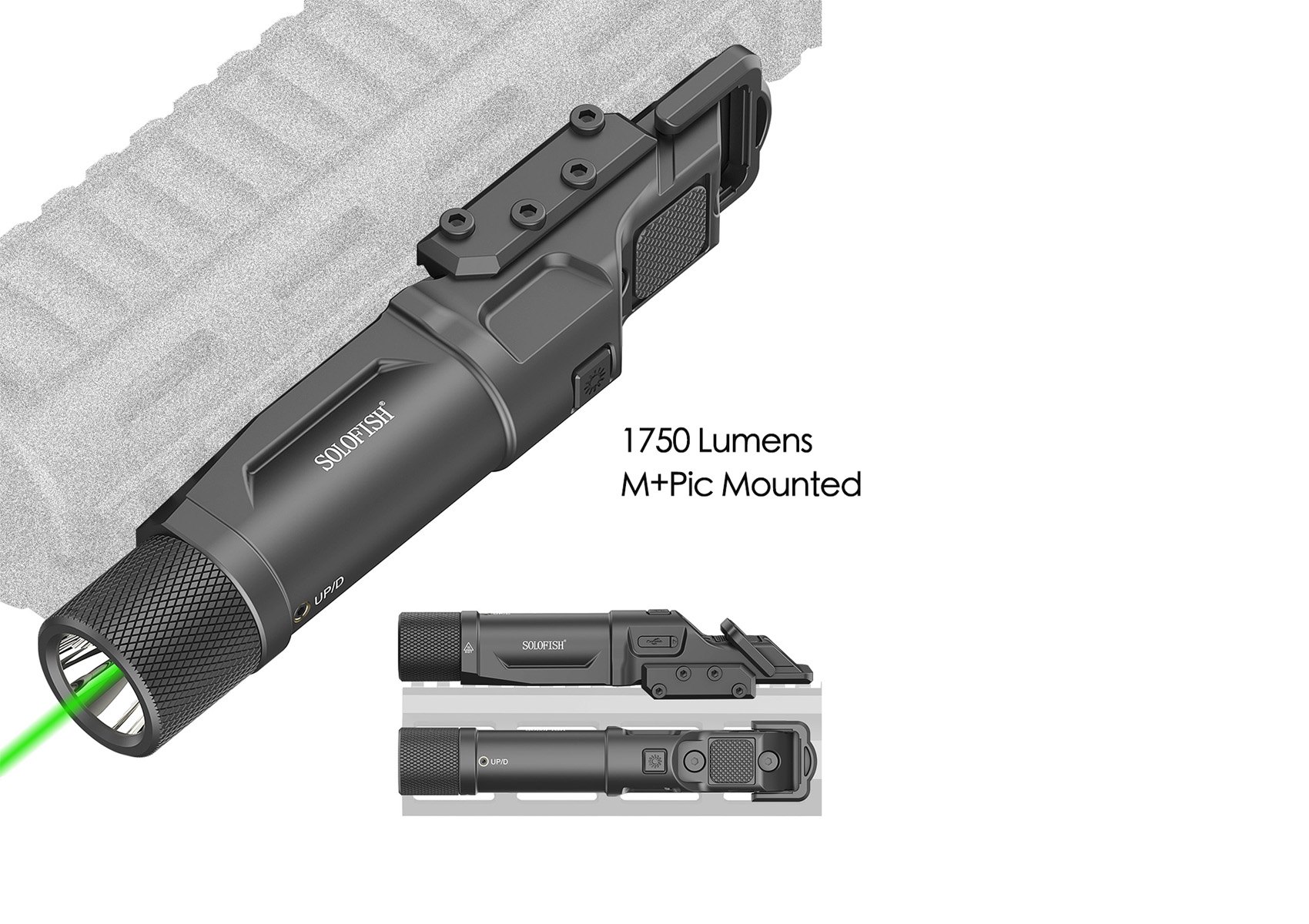SOLOFISH 1750 lumen rifle light with green laser on an M-LOK rail